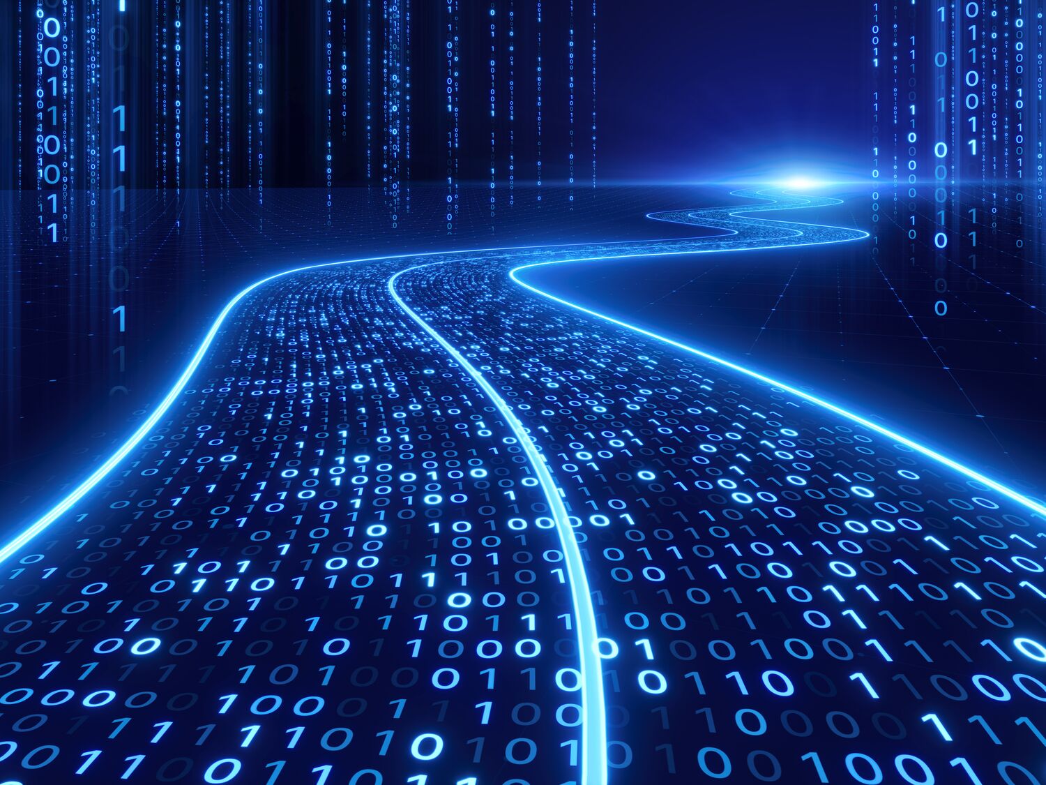 Sreaming data, binary data moving on a digital road - Digital Code road, ai, artificial intelligence concept - 3d illustration