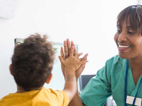 medical worker and a mother and two children
