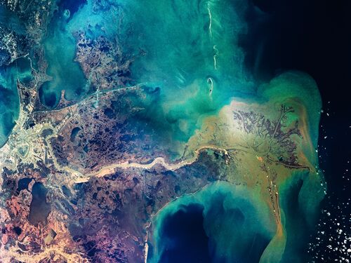 Distribution pattern of muddy fresh water from the Mississippi River as it flows into the Gulf of Mexico. New Orleans. Colorful collage. The elements of this image furnished by NASA.