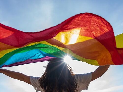Child holding a rainbow colored flag