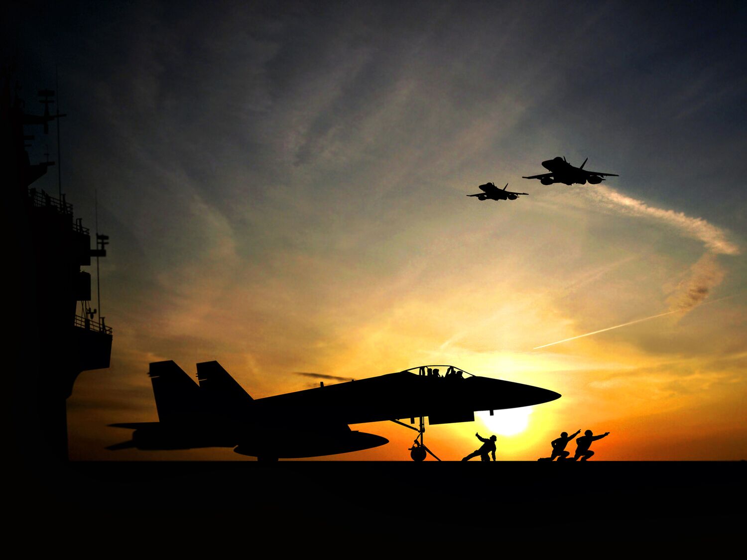 Silhouette of military aircraft and service members.