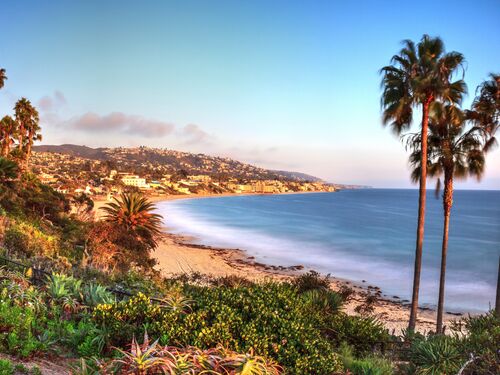 Golden Hour over the ocean through a neutral density filter at Main Beach in Laguna Beach, California, USA