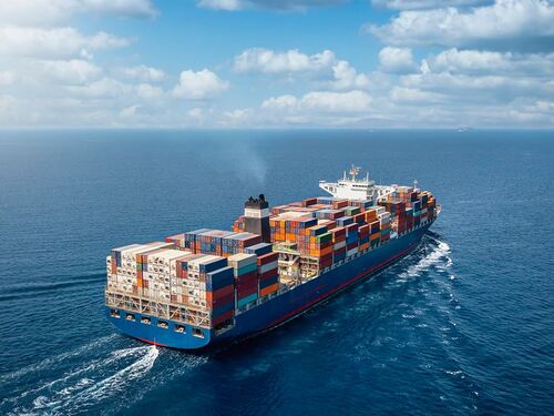 A large container cargo ship in motion