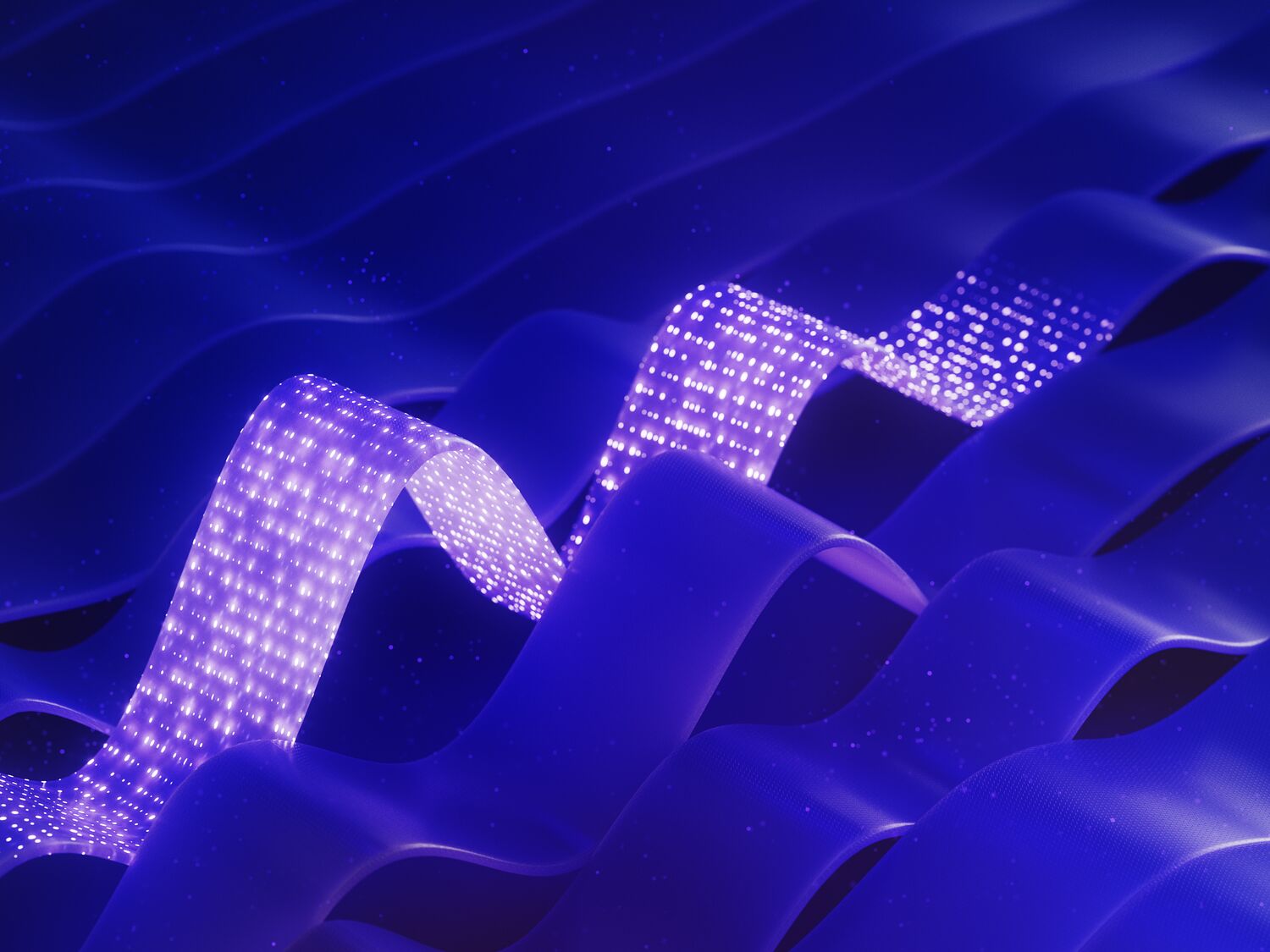 Blue abstract background with light traveling through abstract flat cable illustrating data flow (3D render)