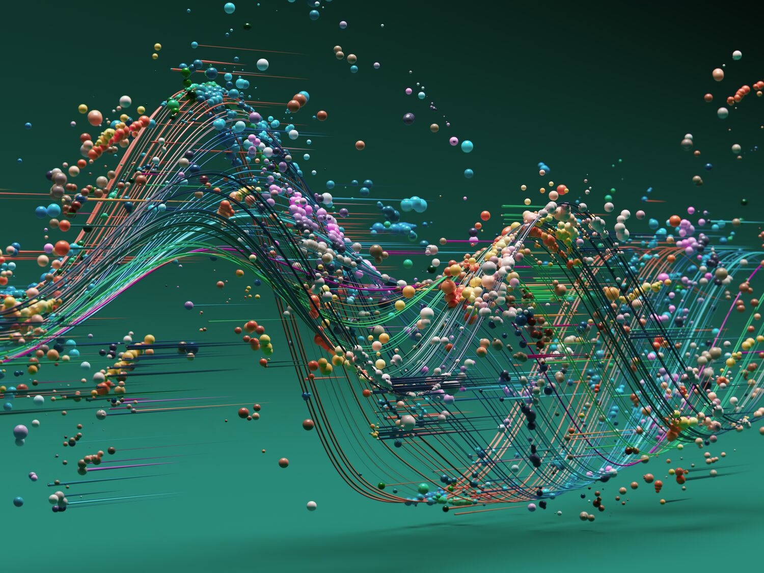 A dynamic, colorful composition of intertwined streams and scattered spheres creates a sense of motion, data flow, and innovation against a teal backdrop. Ideal for technology, science, and futuristic themes.