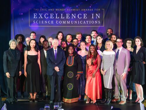 2025 recipients of the Eric and Wendy Schmidt Awards for Excellence in Science Communications, and others, at a celebration in their honor on Nov. 14, 2025 (photo by Marion Meakem Photography)