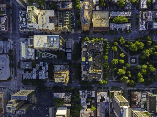 Top down aerial view of Chicago Downtown urban grid with park. Late afternoon light.