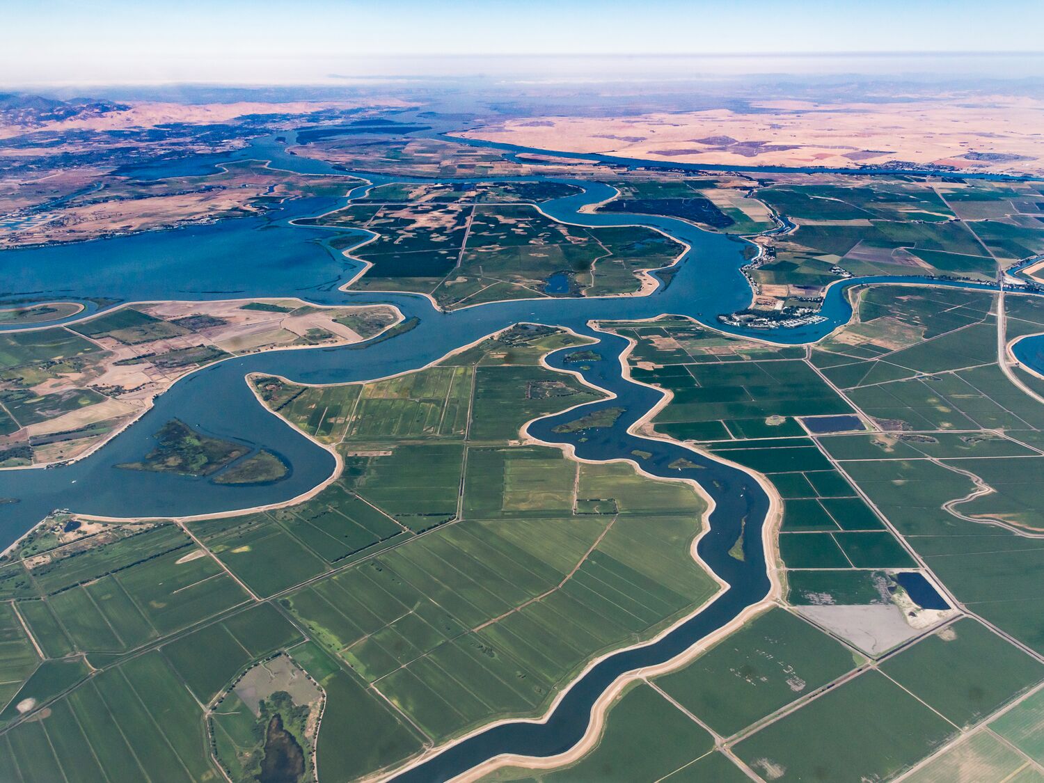 Numerous waterways snake through the delta where the Sacramento River and San Joaquin River meet.