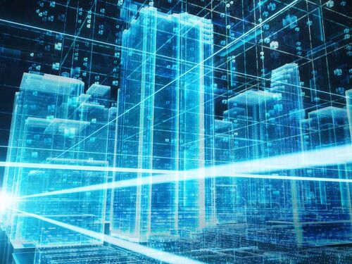 Futuristic digital cityscape made of glowing blue wireframe buildings with bright horizontal light beams cutting through the scene.