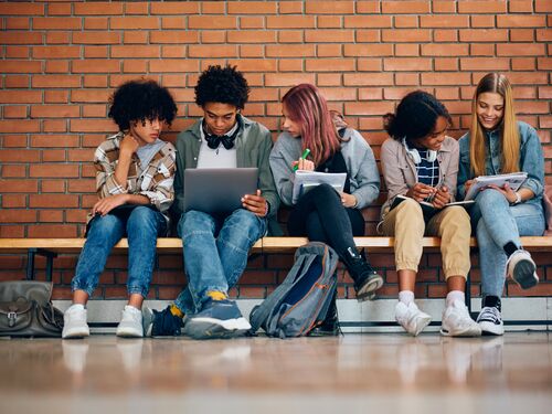 Multiracial group of high school students learning together at school.