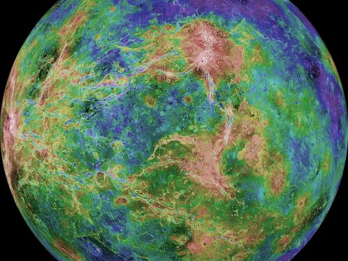 Hemispheric View of Venus Centered at 270° East Longitude. The view of Venus, after more than a decade of radar investigations culminating in the 1990-1994 NASA's Magellan mission, is centered at 270 degrees east longitude.