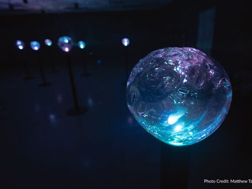 Jewel's sculptural installation, Seven Sisters, which is driven by astronomical data from the Pleiades star grouping. Radiation patters from each star, captured by the Kepler telescope's extended mission, determine the fluctuations of light and sound.