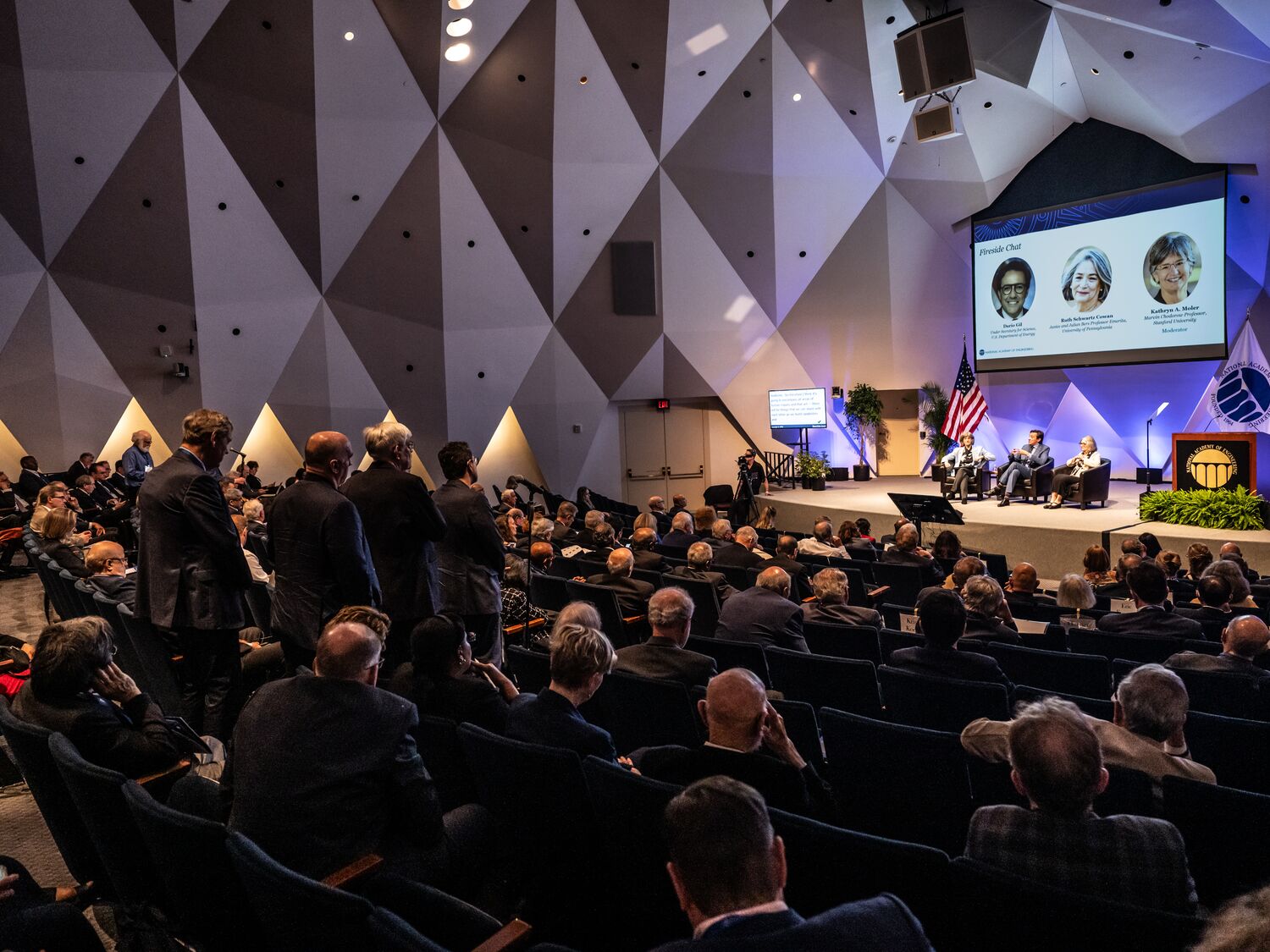 Conversation with Darío Gil, DOE’s undersecretary for science, historian Ruth Cowan, and moderator Kathryn Moler at the NAE 2026 annual meeting.