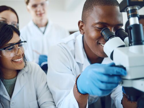 A scientist looking inside a microscope.