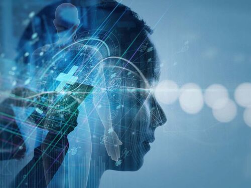Silhouetted profile of a person overlaid with digital medical and technology graphics, including circuits, data lines, and health symbols on a blue background.
