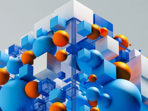 A 3D rendering background of various geometric shapes in blue and white, accented with orange spheres