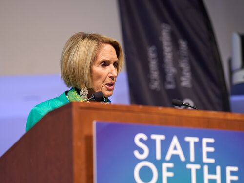 President Marcia McNutt speaking at the State of the Science 2025 event.