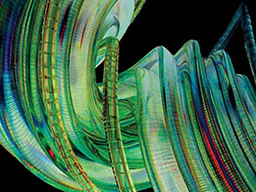 Colorful twisting translucent ribbons with iridescent green, blue, and red tones set against a black background, forming an abstract flowing shape.