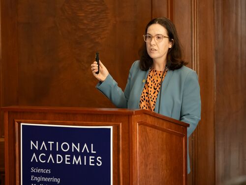 Karma standing at a podium presenting using a clicker.