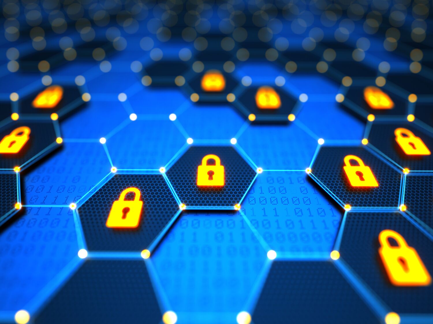 Futuristic digital technological background with hexagonal elements, yellow glowing digital lock and binary code. Encryption your data.  Big data security. Safe your data. Cyber internet security and privacy concept. 3d illustration