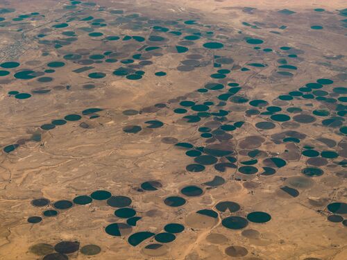 Circular agricultural fields in the desert in Saudi Arabia are built on a sprinkler irrigation system.