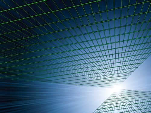 Perspective digital grid green color pattern on light beam background. Futuristic technology concept.