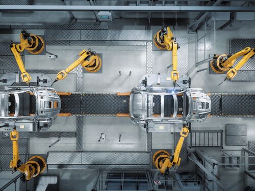 Aerial Car Factory 3D Concept: Automated Robot Arm Assembly Line Manufacturing Advanced High-Tech Green Energy Electric Vehicles. Construction, Building, Welding Industrial Production Conveyor
