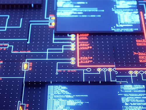 Close-up of a futuristic circuit-board interface with glowing blue and orange lines, digital nodes, and code blocks displayed on dark panels.”