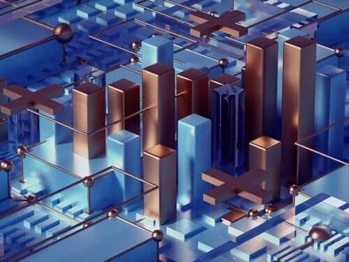 A sleek, futuristic 3D cityscape made of metallic gold and translucent blue geometric shapes, connected by floating rods and nodes, resembling a high-tech circuit or digital network.