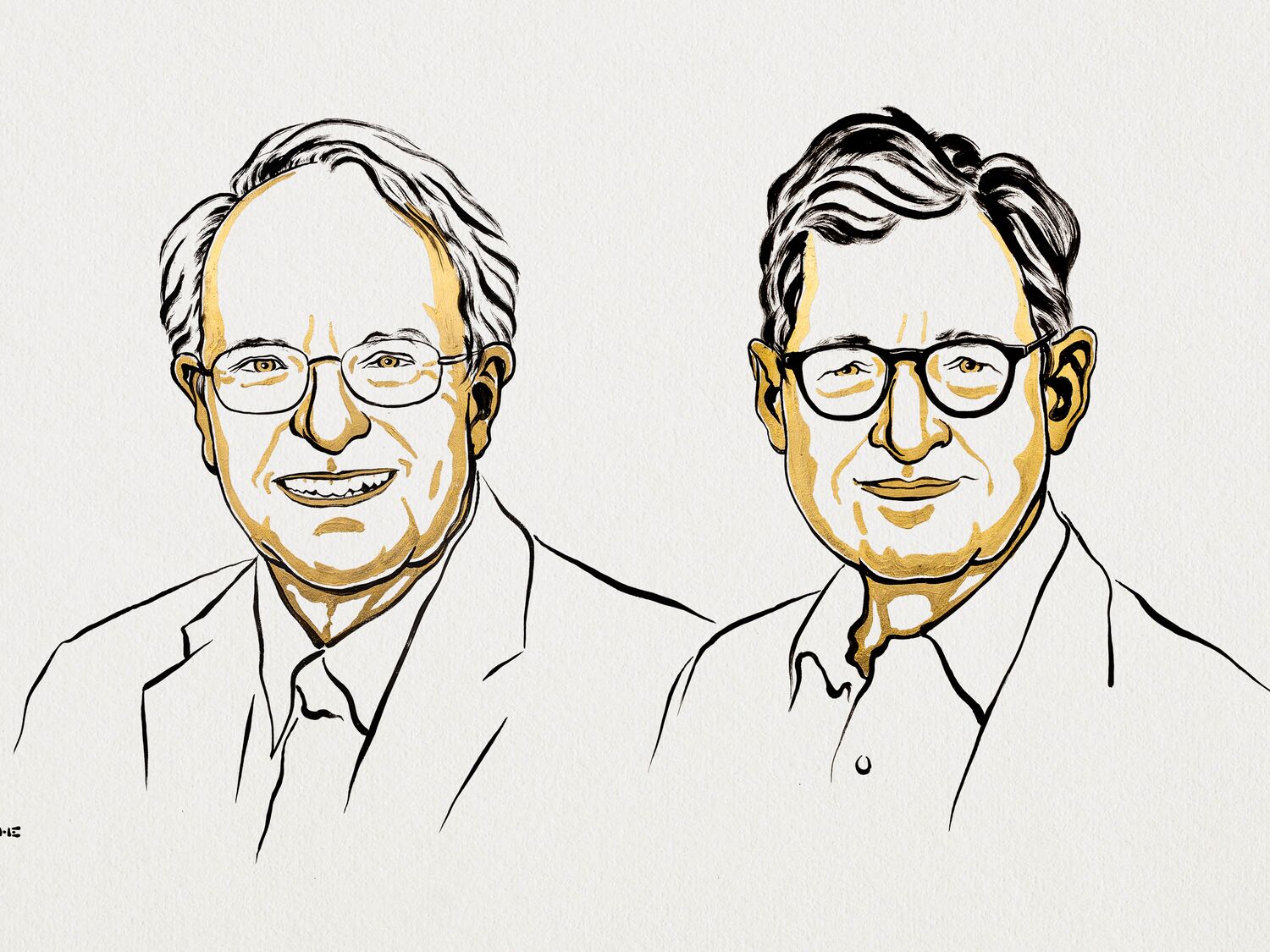 Robert E. Hall (left) and Michael Woodford, winners of the 2026 Sveriges Riksbank Prize in Economics Sciences in Memory of Alfred Nobel (Illustration by Niklas Elmehed; ©Nobel Prize Outreach)
