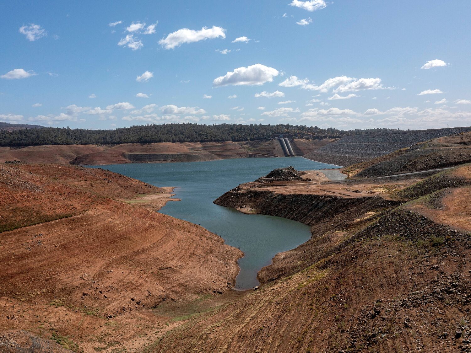 Low water levels at Oroville Lake during a drought in Oroville, California