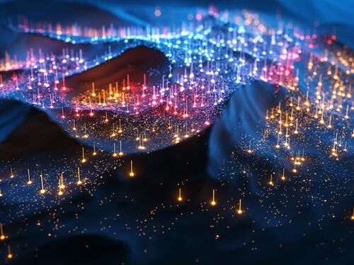 Digital generated image of multi coloured glowing data over landscape.