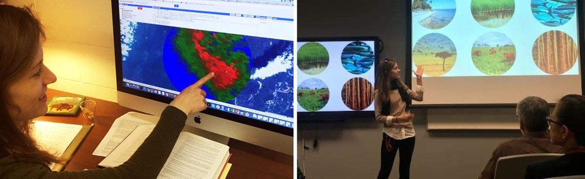 Two images side by side. Natalie Nelson looking at a scan on a desktop. Natalie Nelson giving a presentation in a large conference room or auditorium
