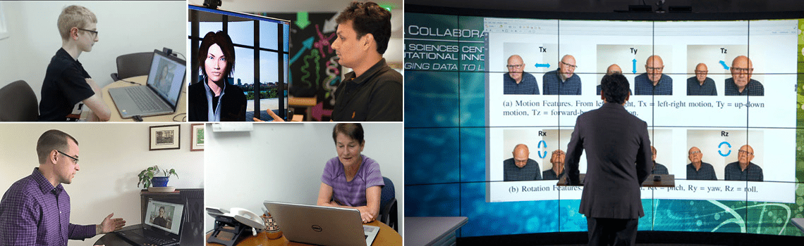 (clockwise, from upper left) Teenager diagnosed with Autism Spectrum Disorder interacting an online avatar called Live Interactive Social Skills Assistant (LISSA), which can sense and interpret the facial expressions, language, and intonation and can provide real-time feedback on smiles, eye-contact, gestures, and volume modulation; Hoque interacting with MACH (My Automated Conversation coacH); Hoque giving presentation; an older adult interacting with an online system called Aging and Engaging, which can carry on a conversation and provide feedback on eye contact, positivity, smile, and volume modulation; a physician practicing end-of-life communication with SOPHIE virtual patient