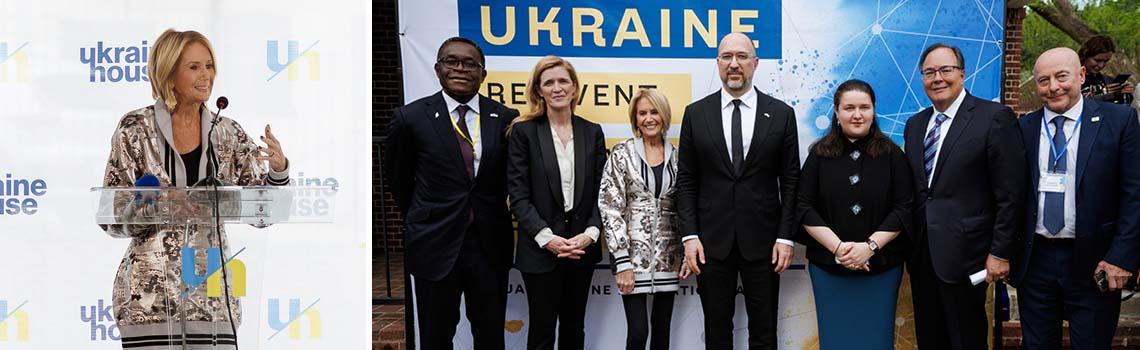 (Left to right) Bernard Mensah, president, Bank of America International; Samantha Power, administrator, U.S. Agency for International Development; Marcia McNutt, president, U.S. National Academy of Sciences; Denys Shmyhal, prime minister of Ukraine; Oksana Markarova, ambassador of Ukraine to the United States; Peter Knight, executive vice chairman, NASDAQ; Danylo Volynets, chairman of the board, Accordbank
