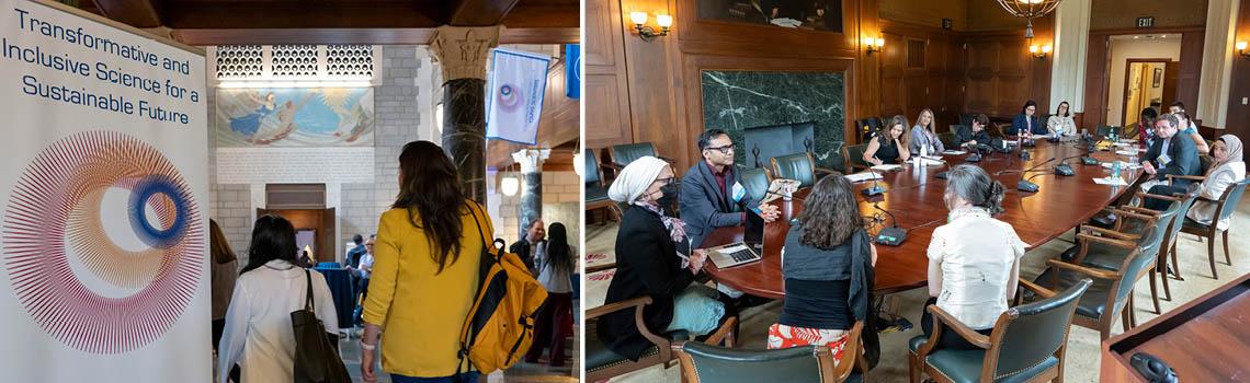 people at the meeting looking at the displays