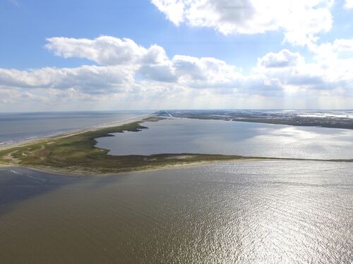 Drone aerial image of a low-lying barrier island in Louisiana