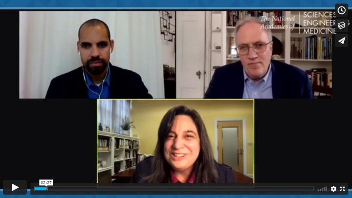 (clockwise from upper left) Benjamin Preston, senior policy researcher and director of the community health and environmental policy program at the RAND Corp.; Stephen Pacala, Frederick D. Petrie Professor of Ecology and Evolutionary Biology at Princeton University; and moderator Mariette DiChristina, dean of the College of Communication at Boston University and former editor-in-chief of Scientific American